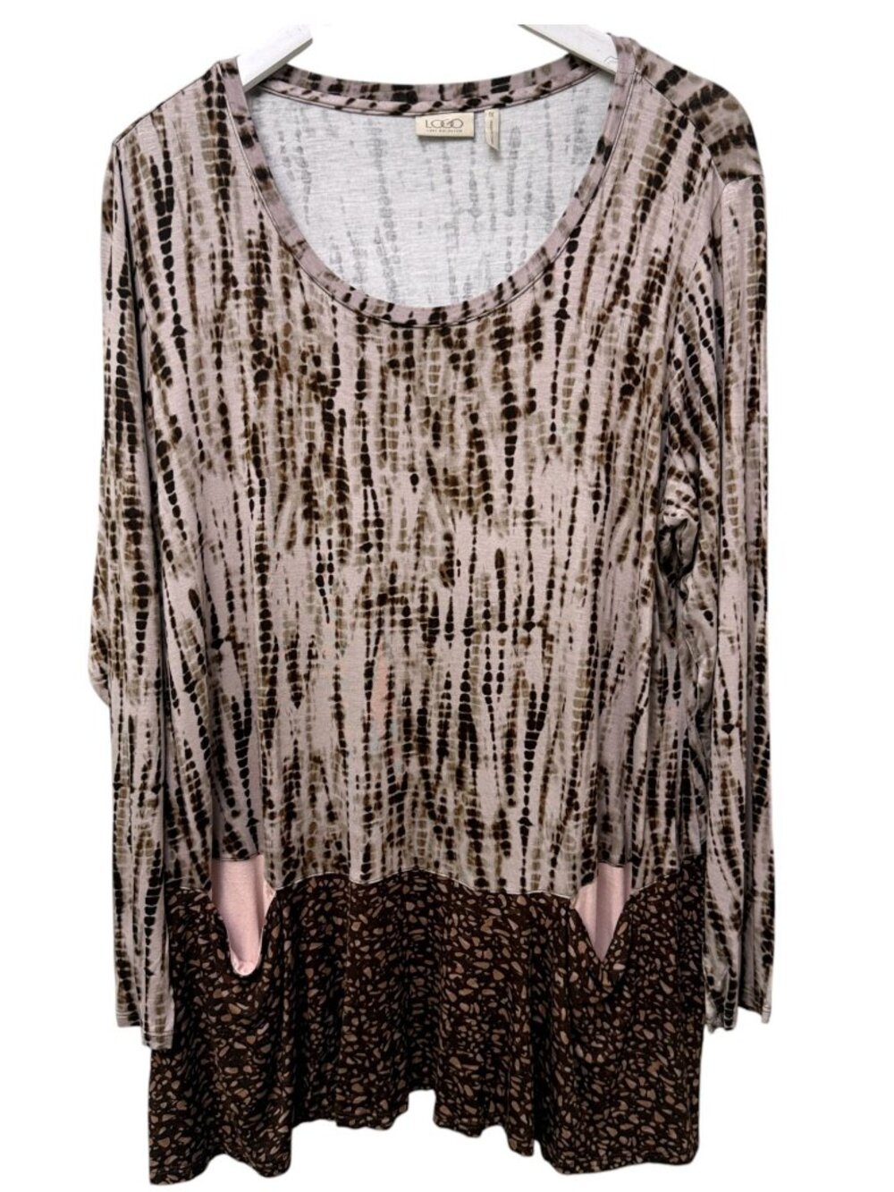 LOGO Lori Goldstein Tunic Tee Plus Size 1X Brown Pink Womens Boho Top Pockets